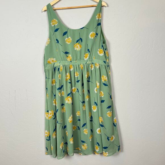 Modcloth Women's Size 2X Green Floral Baby Doll Sleeveless Dress Lined Summer - Picture 2 of 8